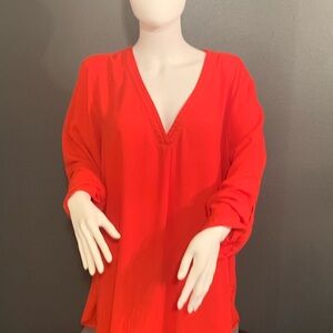 H&M Bright Red V-Neck Tunic with Button Up Sleeve Size 18